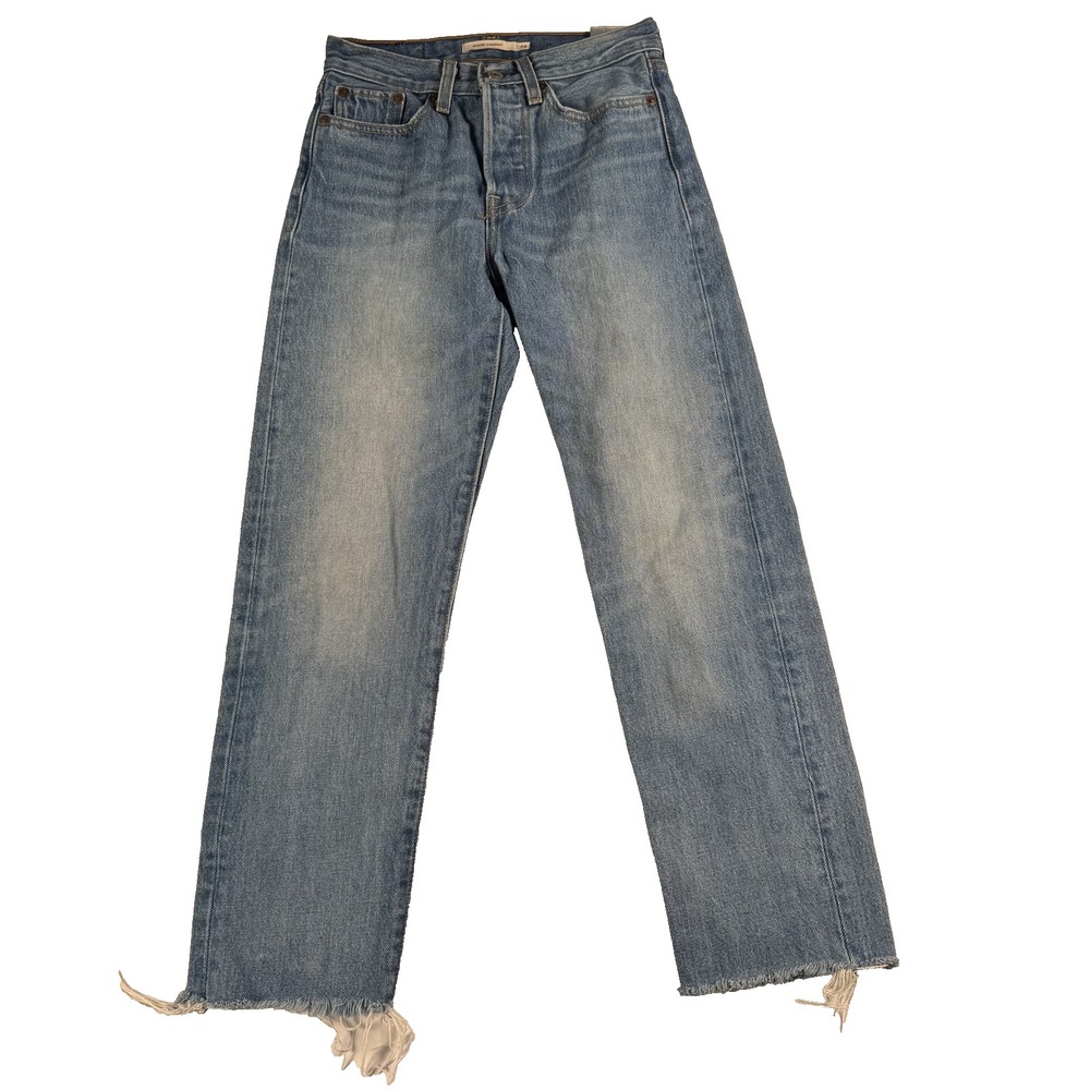 Levis Wedgie Straight Jeans Womens 24 (26x23) Blue Distressed Raw Hem High Rise